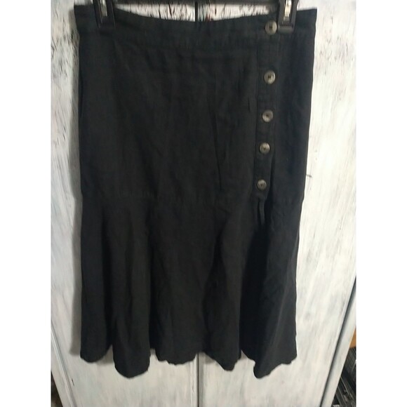 Free People Linen Ruffled Button Up Midi Skirt Black 6 Boho Beachy Cotragecore - Picture 3 of 10